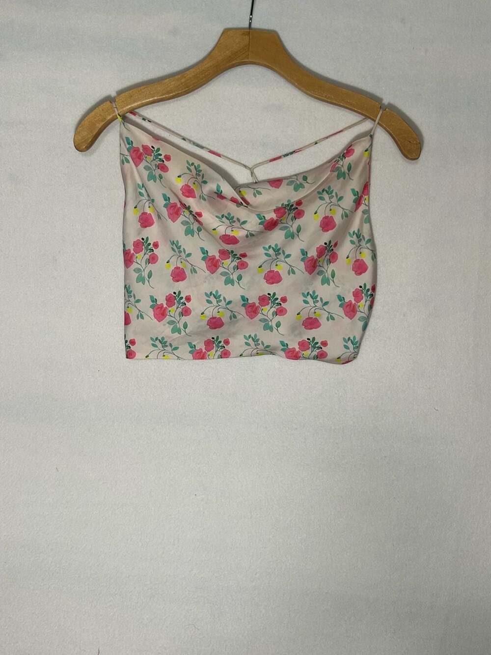 Zara Floral Print Cottagecore Satin Effect Cowl Neck Tie Back Crop Top Size S